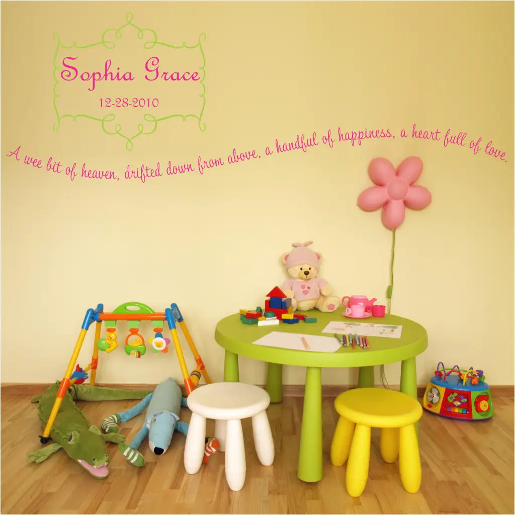 An adorable baby poem wall decal by The Simple Stencil in a wavy pattern reads: A wee bit of heaven, drifted down from above, a handful of happiness, a heart full of love.