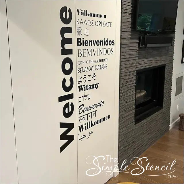 Welcome written out in 15 different languages wall decal decor displayed on business lobby wall to greet customers.