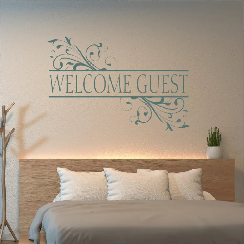 Welcome guests to your home or business with this simple "welcome guest" decor that includes a vintage swirl design surrounding the words.