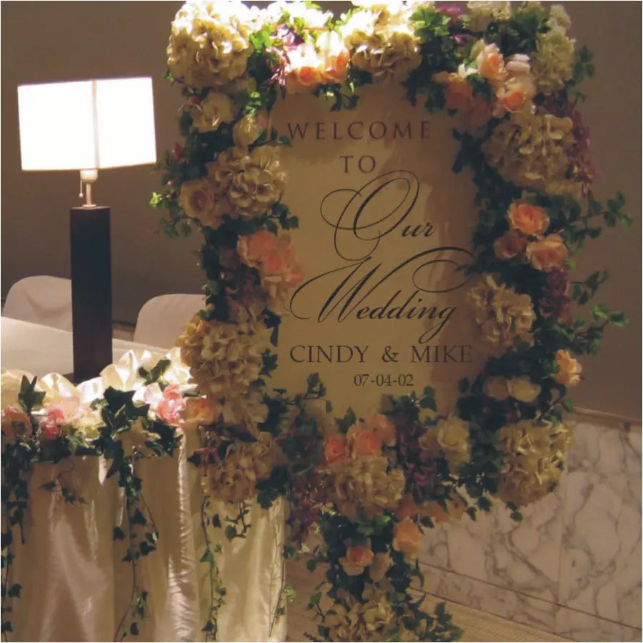 Welcome To Our Wedding  decal in a beautiful wedding day font can be personalized with your names and date and applied to a sign, board, wall or window to greet guests on your wedding day.