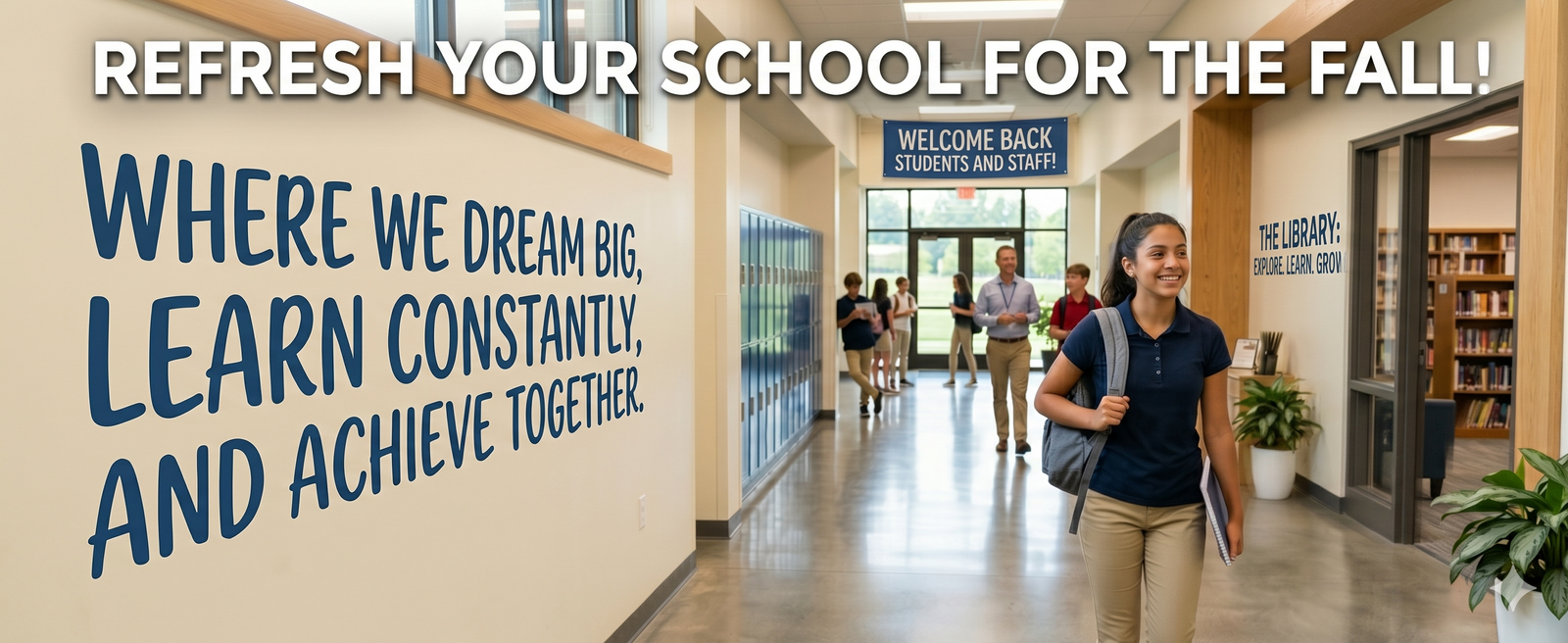 A bright school hallway with a student walking. Top text reads: 'REFRESH YOUR SCHOOL FOR THE FALL!' Large wall decal quote: 'WHERE WE DREAM BIG, LEARN CONSTANTLY, AND ACHIEVE TOGETHER.'