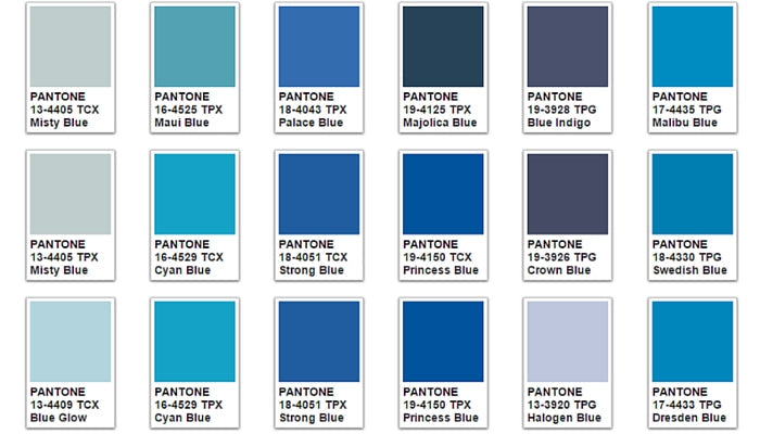 Serene blue room decor with color psychology diagram illustrating the calming and loyal symbolism of blue shades.