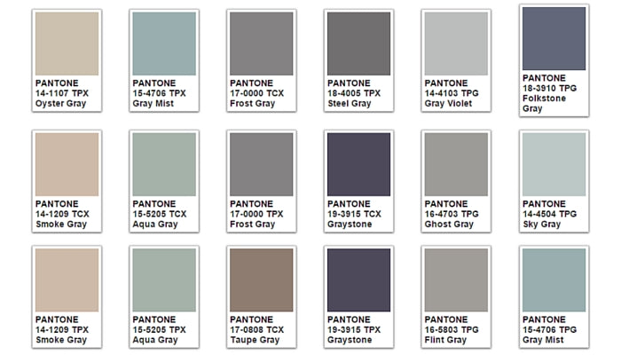 Neutral gray room decor with color psychology diagram showing the steady, modern symbolism of grey shades.