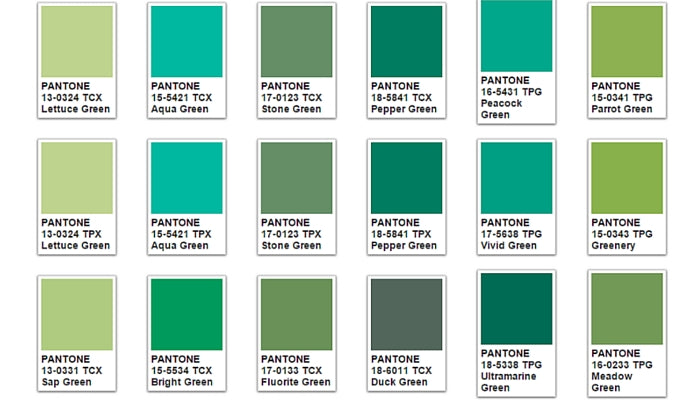 Lush green room decor accents with color psychology diagram illustrating the calming, revitalizing symbolism of green shades.