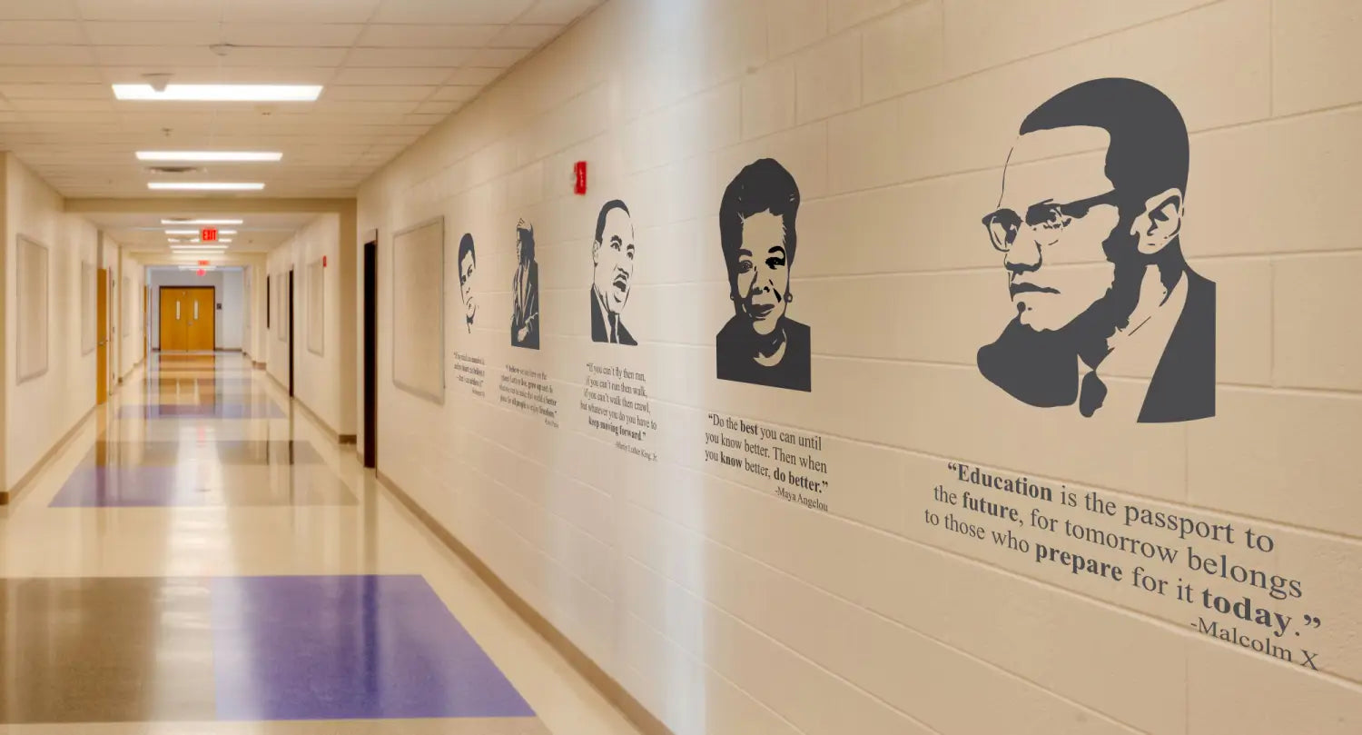 A large school hallway showing images of black leaders in American history over one of their most famous quotes. This popular display idea is great for schools, churches and even office buildings, especially during Black History Month (Feb). 