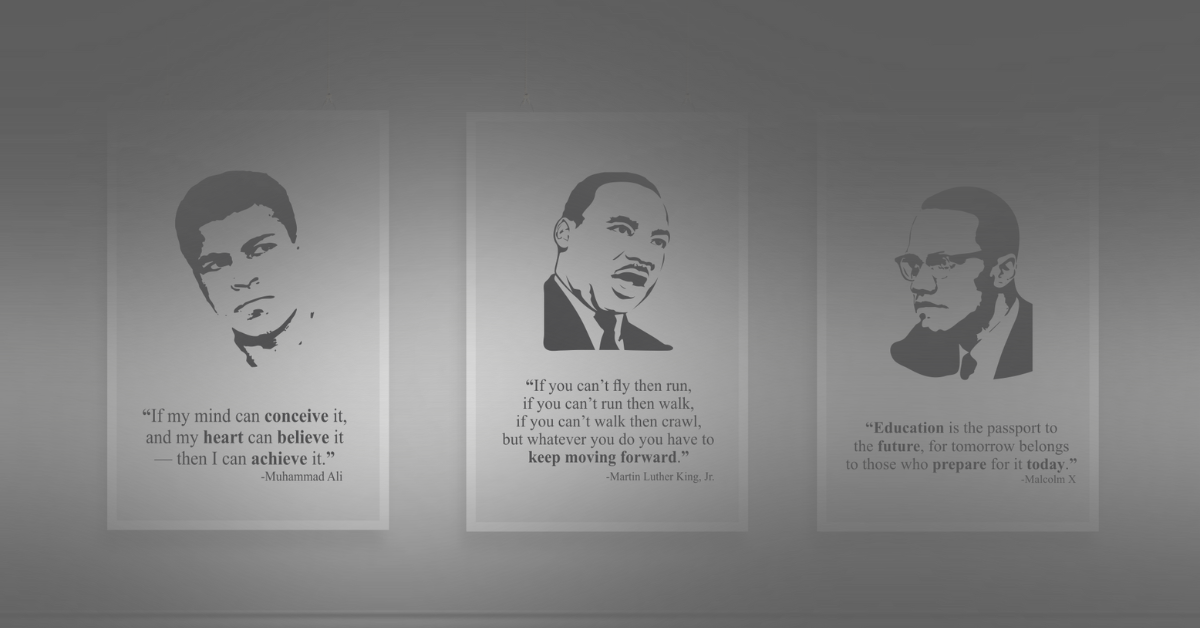 Collage featuring portraits of influential Black men such as Martin Luther King Jr., Frederick Douglass, Barack Obama, Muhammad Ali, and Thurgood Marshall.