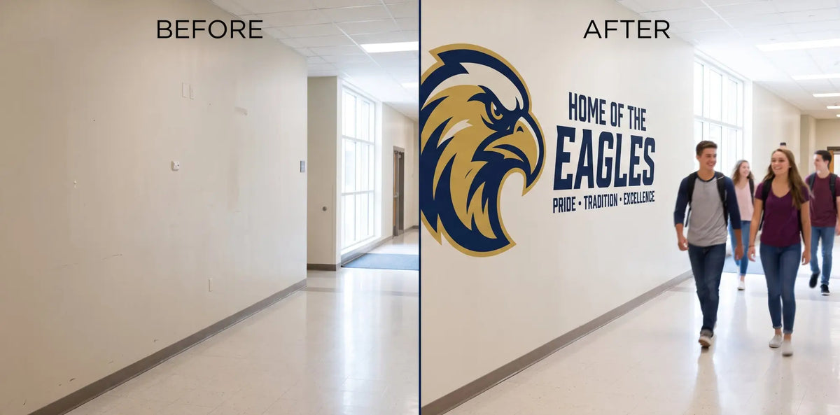 Before-and-after school hallway transformation using custom Eagle mascot and "Home of the Eagles" premium vinyl wall graphics.