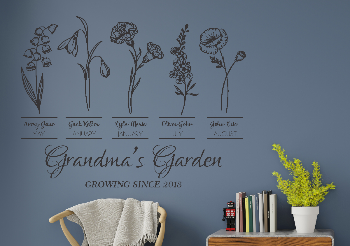 Personalized birth flower wall decal "Grandma’s Garden" with grandchildren’s names on a slate blue living room wall.