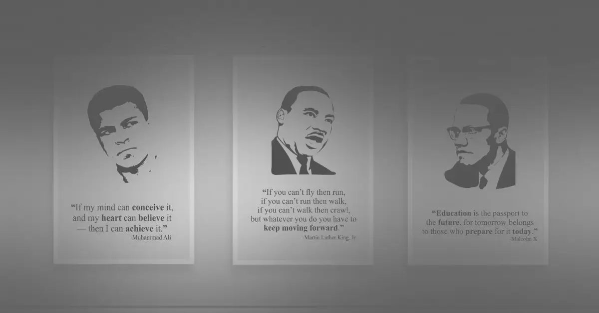 Collage featuring portraits of influential Black men such as Martin Luther King Jr., Frederick Douglass, Barack Obama, Muhammad Ali, and Thurgood Marshall.