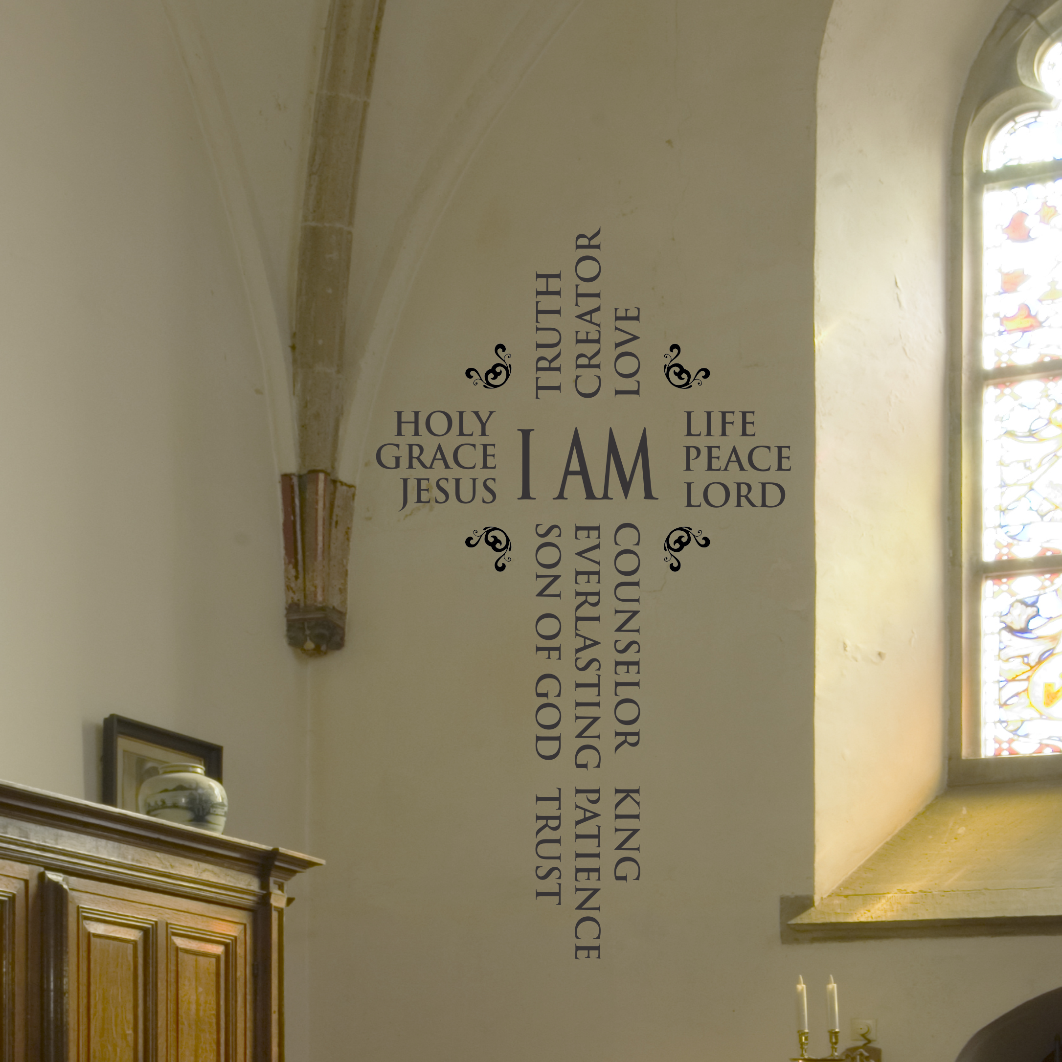 Majestic 'Names of Jesus' cross decal in a church sanctuary, a powerful symbol of faith. I Am Jesus by The Simple Stencil
