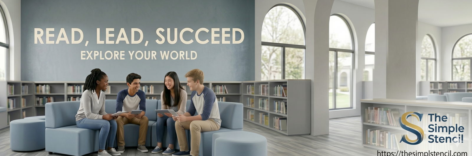 An image of a modern school library media hub with high school students collaborating. Above them, a professional matte white visual literacy decal installation on the wall reads: 'READ, LEAD, SUCCEED' with 'EXPLORE YOUR WORLD' below it.  