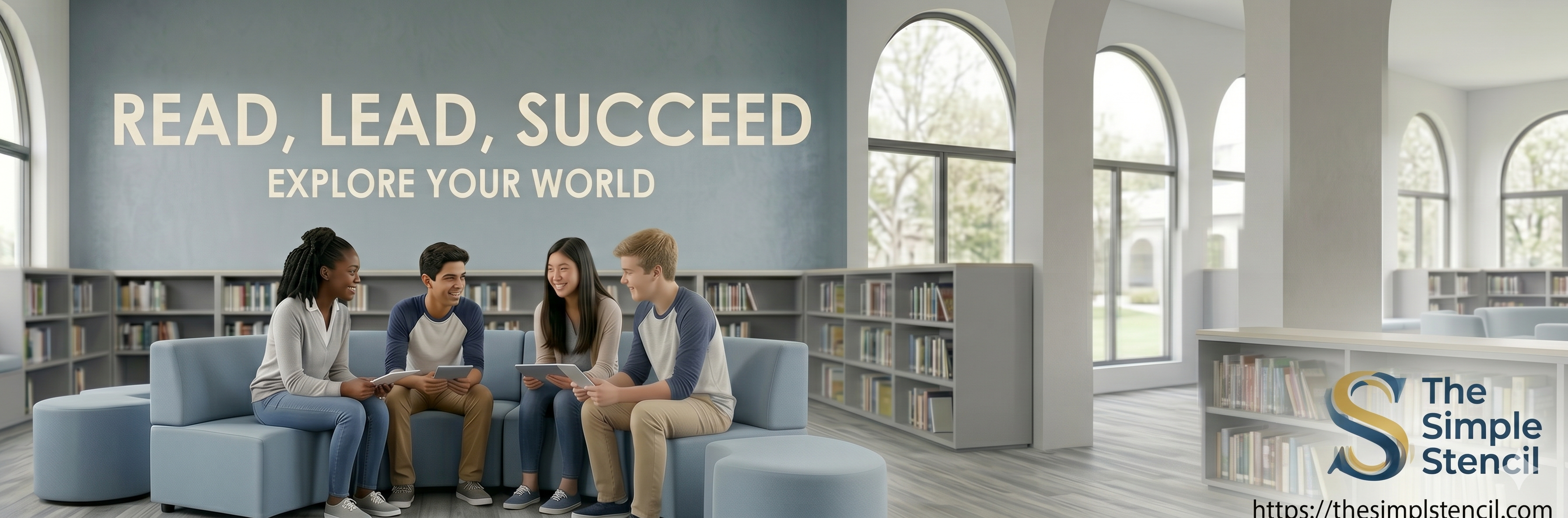 An image of a modern school library media hub with high school students collaborating. Above them, a professional matte white visual literacy decal installation on the wall reads: 'READ, LEAD, SUCCEED' with 'EXPLORE YOUR WORLD' below it.  