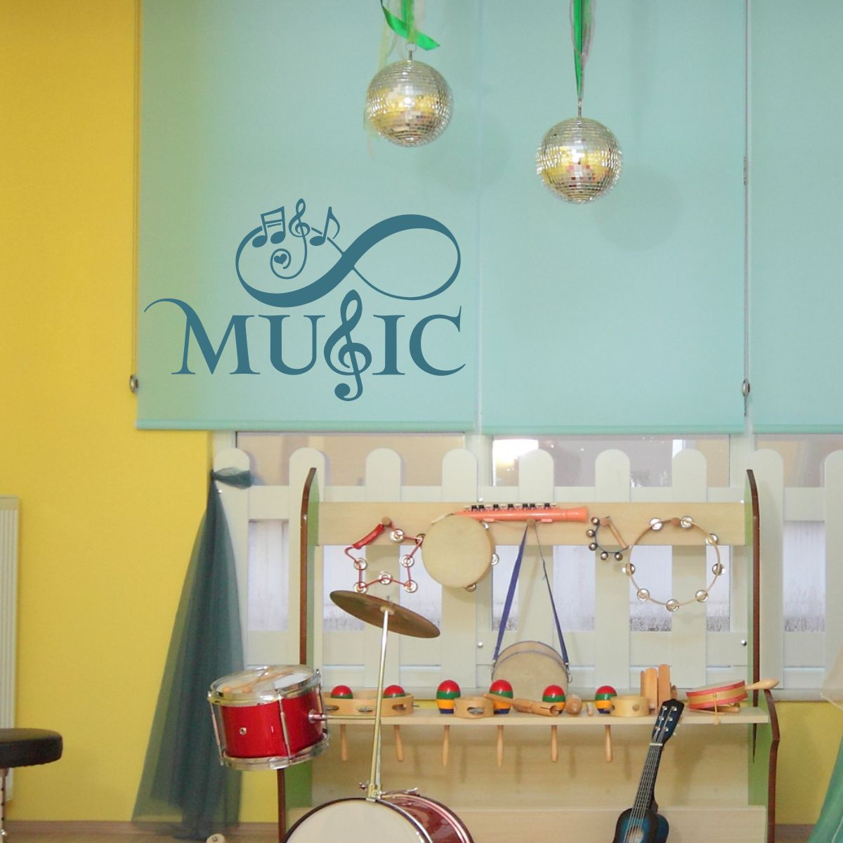 A playful music classroom utilizes a captivating musical instrument-themed decal [describe the decal] to direct young learners towards their designated area, sparking imagination and excitement for music education.
