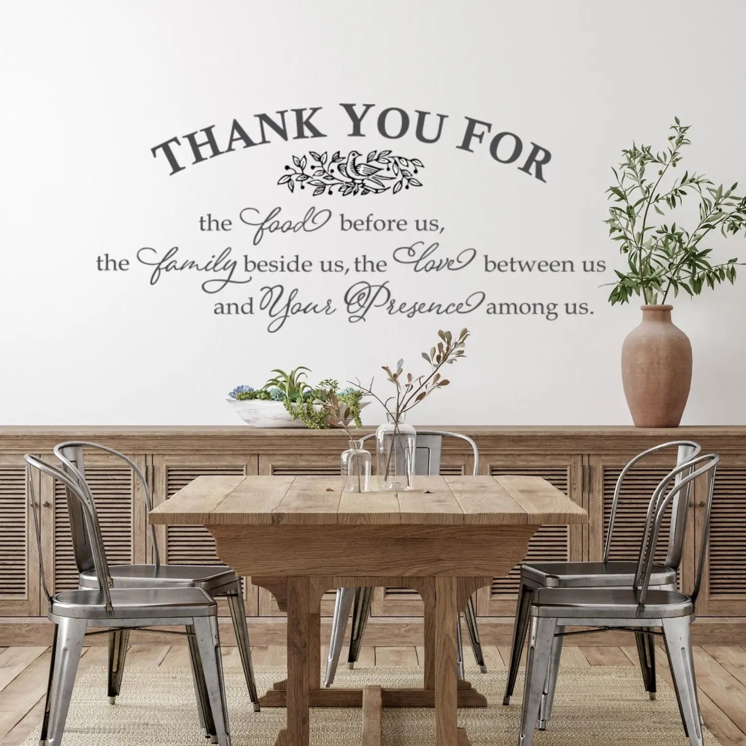 Rustic farmhouse dining room with Thanksgiving wall decal: "Thank you for the food before us, the family beside us, the love between us and Your Presence among us" - By TheSimpleStencil.com