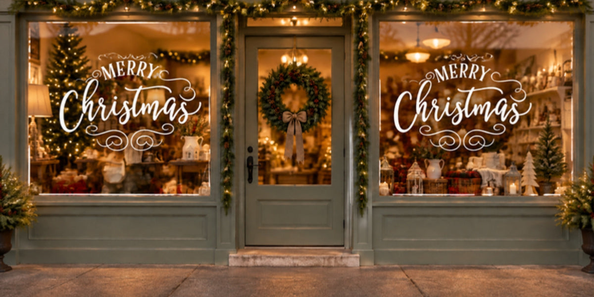 Boutique storefront with Merry Christmas vinyl decals on both windows