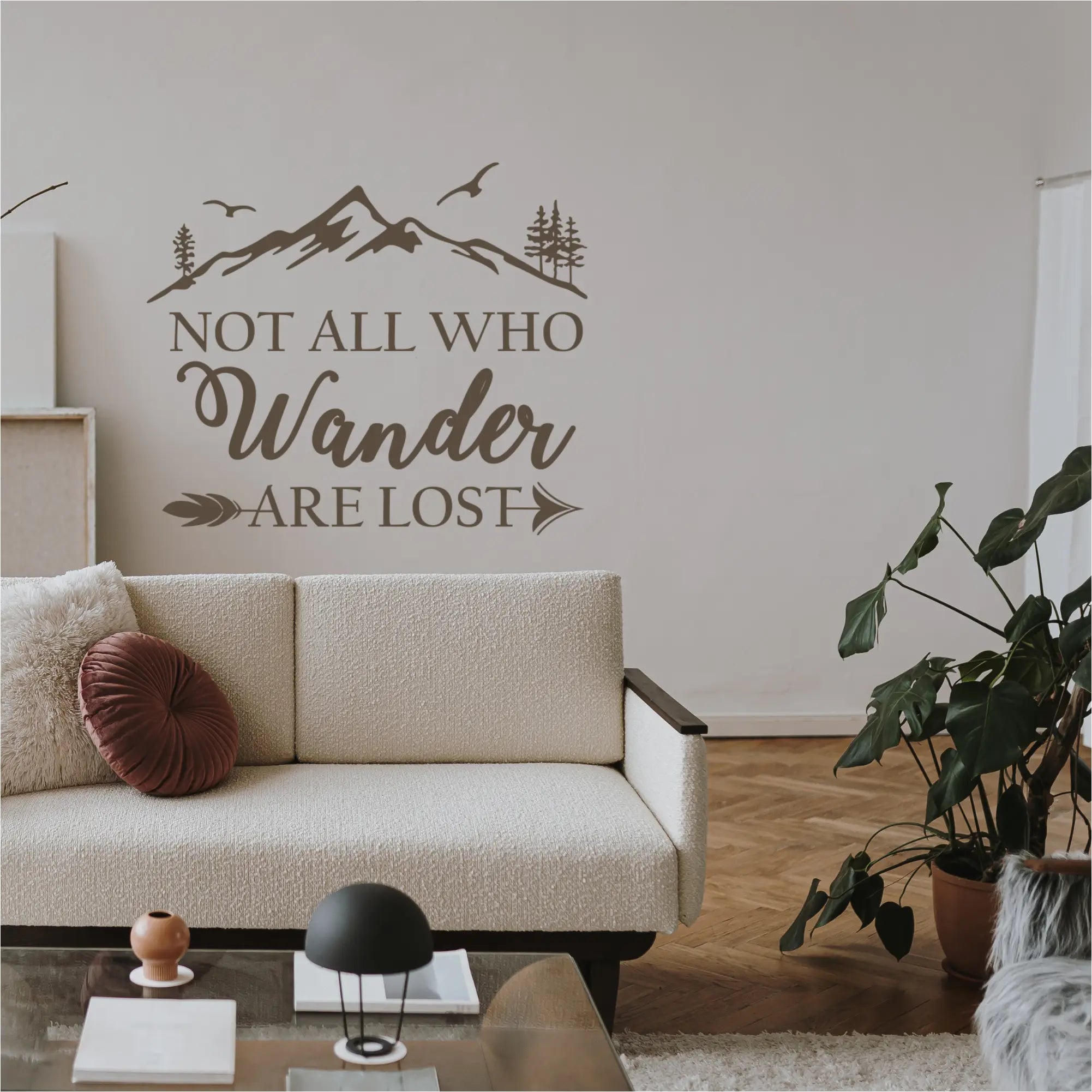 Rich chocolate brown vinyl wall decal quote displayed on a warm living room wall, featured in The Simple Stencil brown wall decals collection.