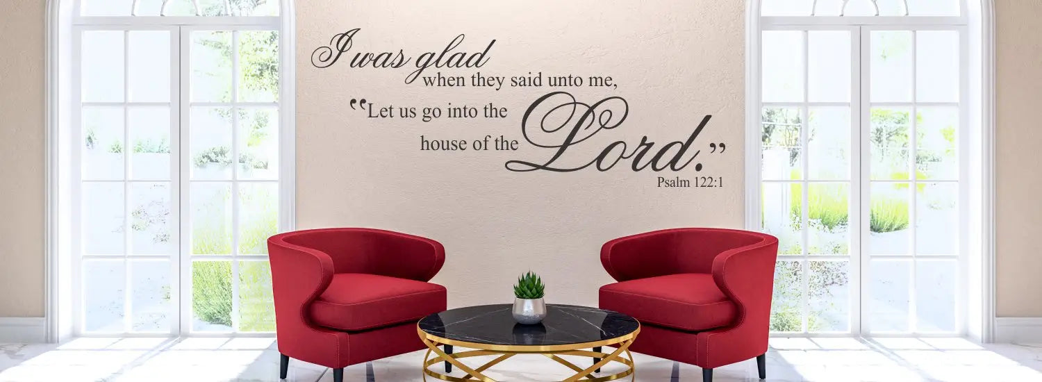 Church foyer and entryway decorating ideas using easy to install wall decal of welcoming and inspiring bible verses and scriptures. 