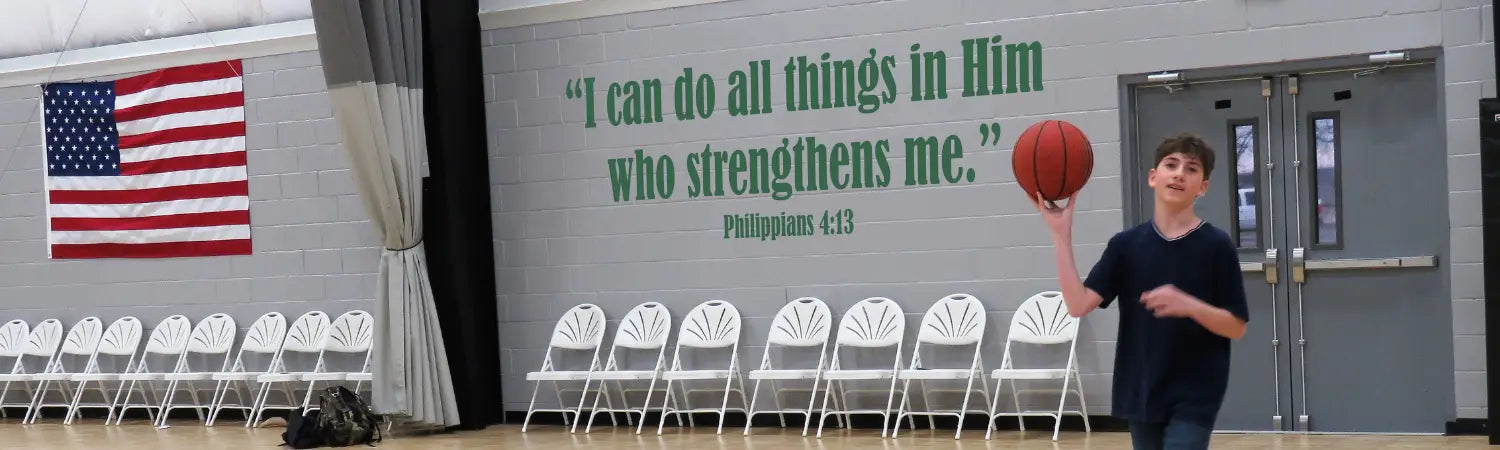 Inspirational religious phrases and scripture wall decals to inspire the church members while using the gym and workout areas. Custom designs available. 