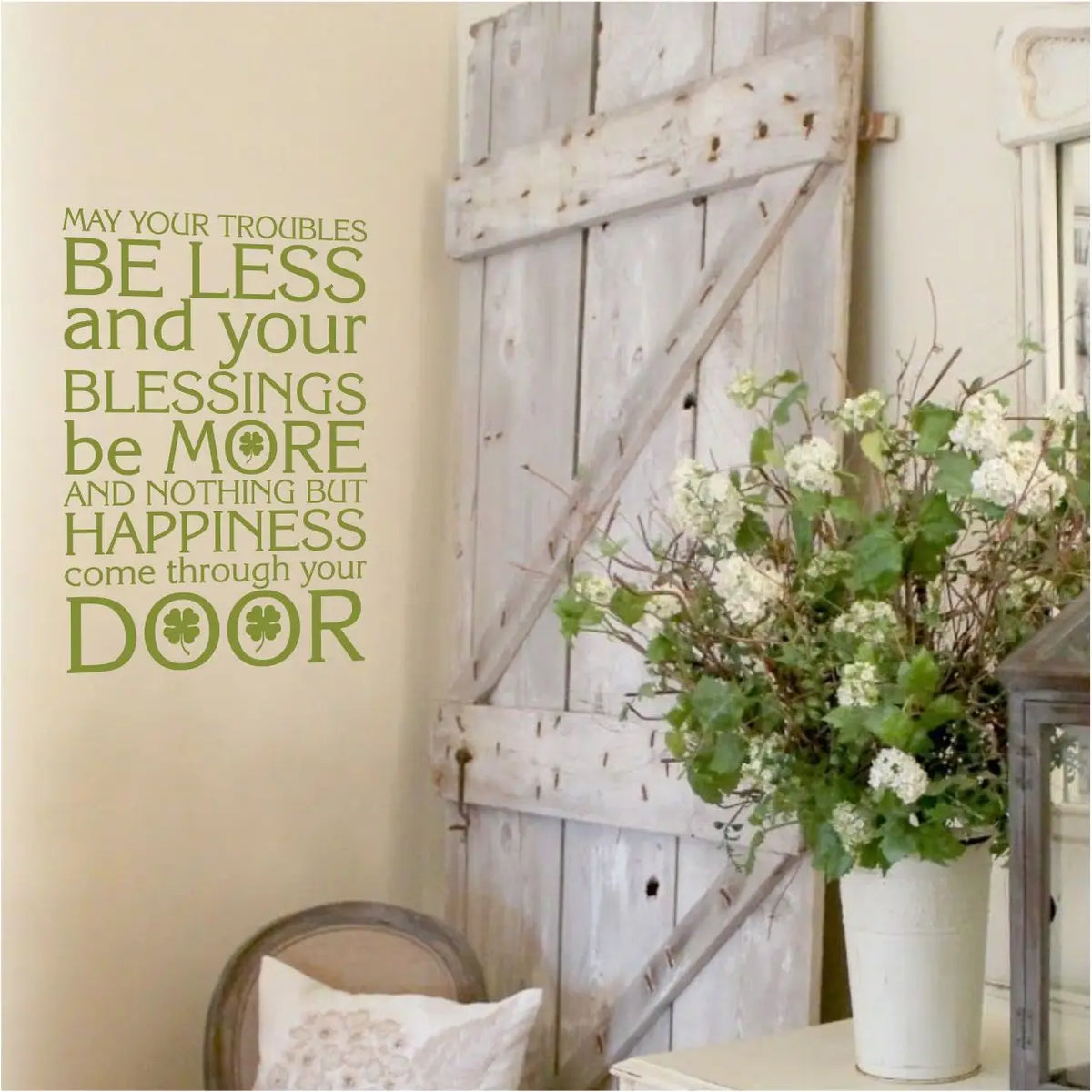 Soft sage green Irish inspired wall decal and quote displayed in a peaceful setting, featured in The Simple Stencil green wall decals collection.