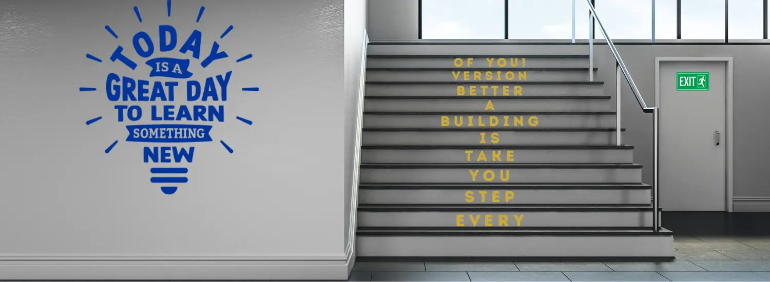 Growth mindset vinyl decals for school stairs and walls. Motivational stair riser quotes for middle school and high school classrooms.