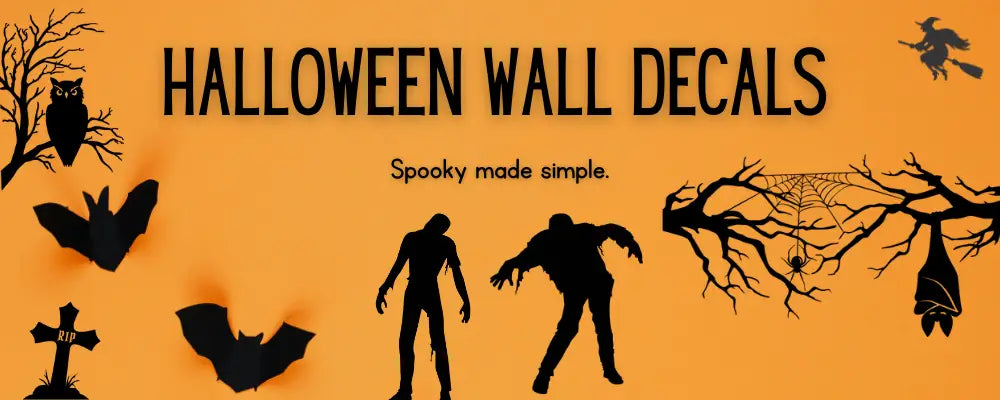 A collection of easy-to-apply Halloween wall decals, including spooky silhouettes of zombies, bats, a witch, and spiderwebs for simple and fun Halloween decorating.