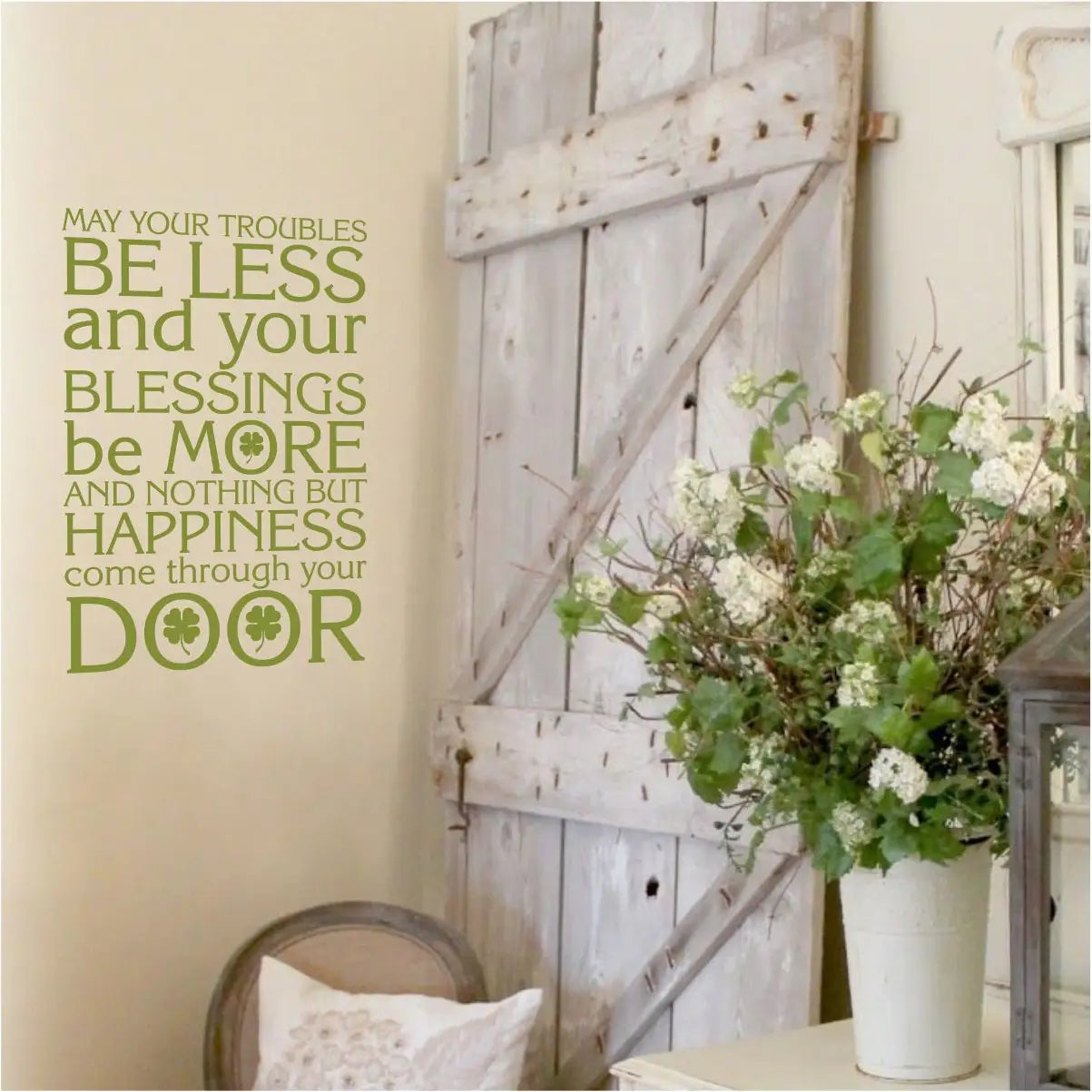 Soft sage green Irish inspired wall decal and quote displayed in a peaceful setting, featured in The Simple Stencil green wall decals collection.