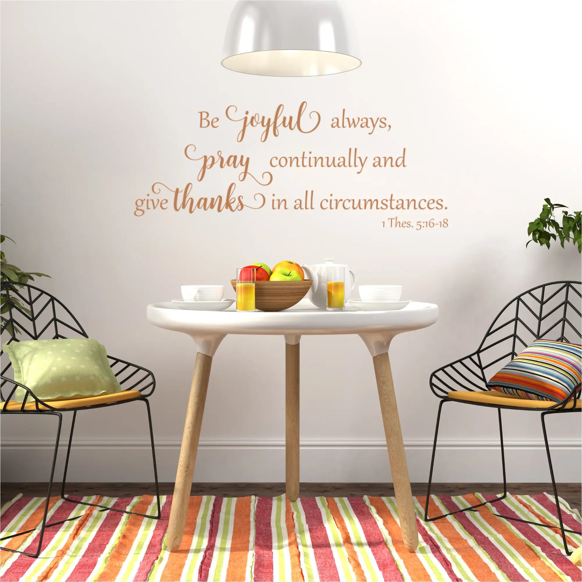 Warm burnt-orange vinyl wall decal quote displayed on a rustic dining room wall, featured in The Simple Stencil orange wall decals collection.
