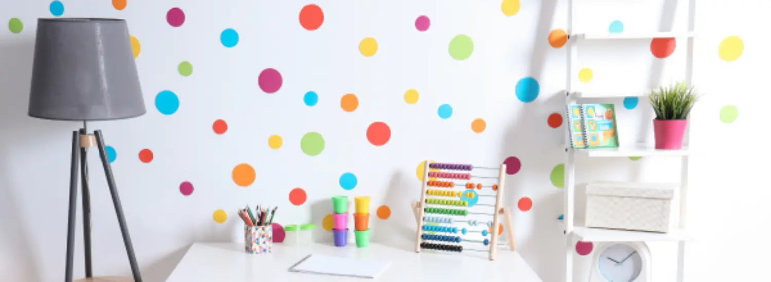 Polka dots - Easy peel and stick self adhesive vinyl polka dots and other fun shapes make decorating a room simple!