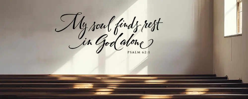 Elegant script wall decal featuring the scripture 'My soul finds rest in God alone' from Psalm 62:1, displayed on a sunlit wall above church pews to create a peaceful atmosphere.