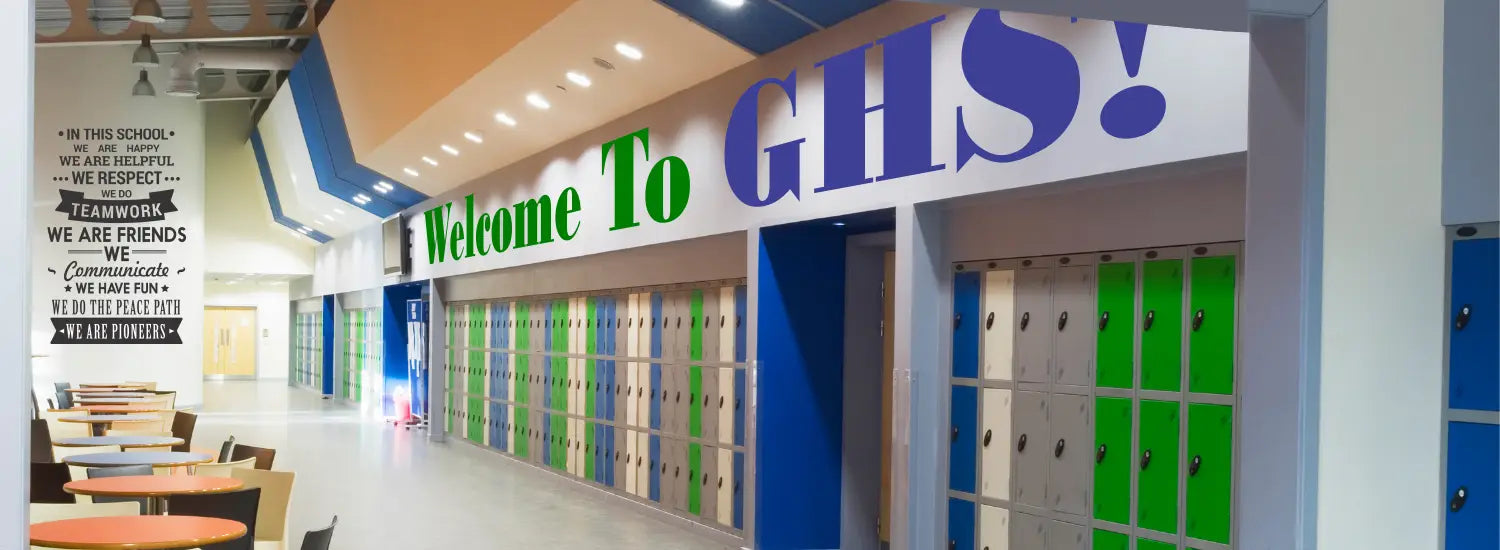 Welcome Students and Parents to your School Open House with colorful wall decor custom designed for your school or classroom walls. 