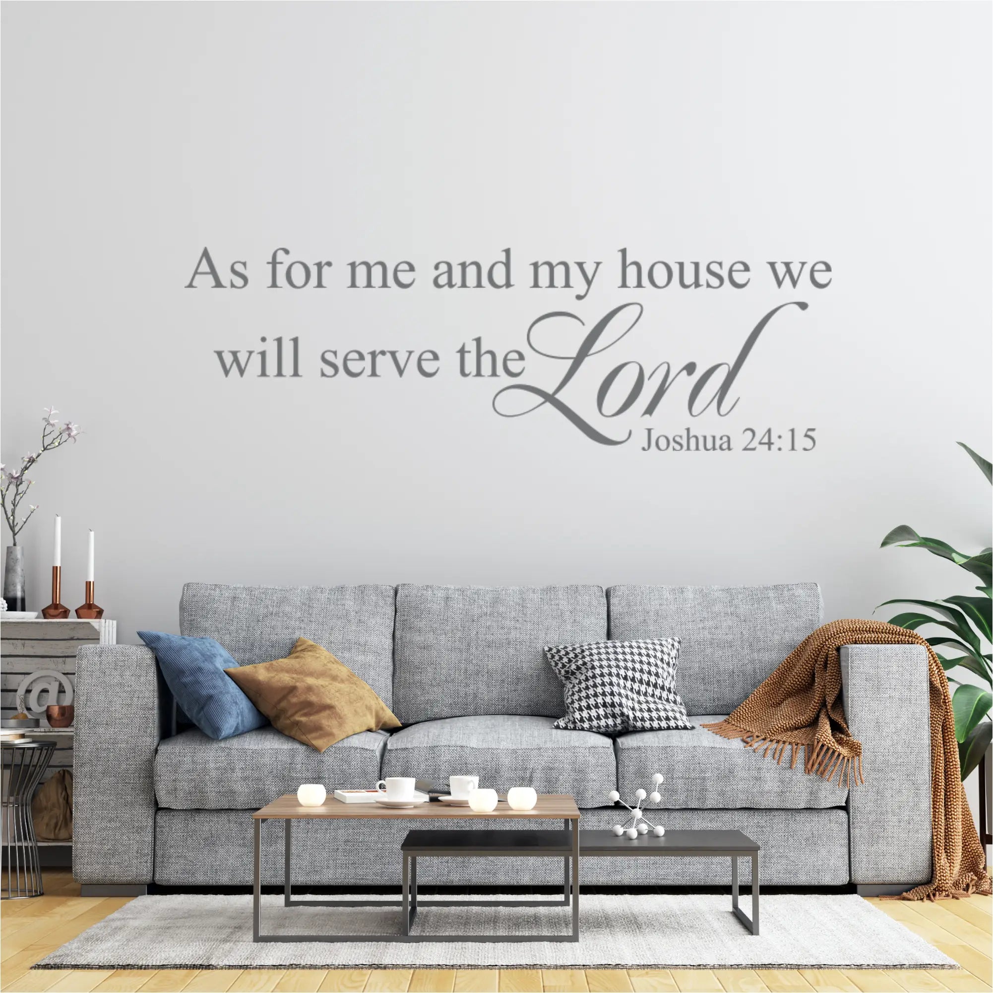 Charcoal gray vinyl wall decal quote displayed on a modern living room wall, featured in The Simple Stencil gray wall decals collection.