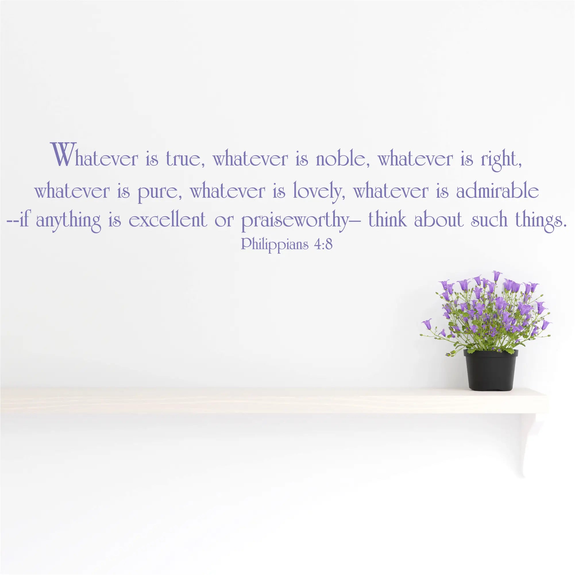 Regal dark purple vinyl wall decal quote displayed above a book shelf with plant, featured in The Simple Stencil purple wall decals collection.