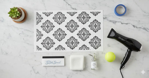 Tools for a vinyl decal application laid out on a marble surface, including a squeegee, masking tape, hairdryer, and tennis ball.
