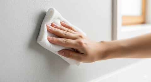 A hand gently wiping a textured wall with a clean, soft cloth to prepare the surface for a vinyl decal.