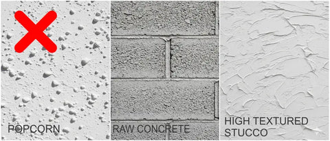 Collage of inappropriate surfaces for vinyl decals, showing examples of popcorn texture, porous raw concrete block, and heavy stomp texture.
