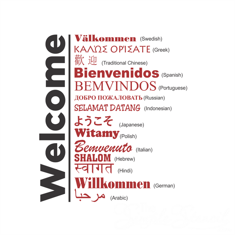 World of Welcome decal design: the word Welcome in 15 languages, including Bienvenidos, Willkommen and Shalom, in black and red