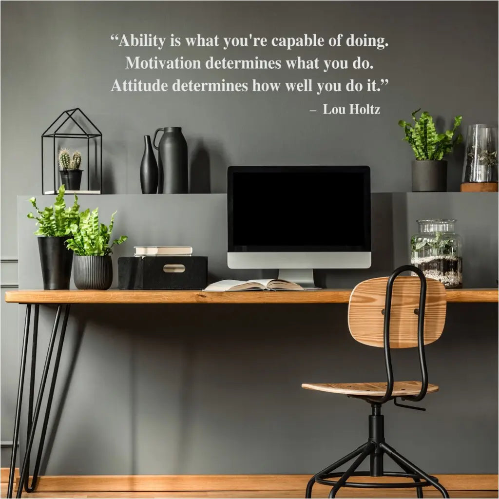 Ability is what you're capable of doing. Motivation determines what you do. Attitude determines how well you do it. Lou Holtz Vinyl wall decal to motivate students and employees.