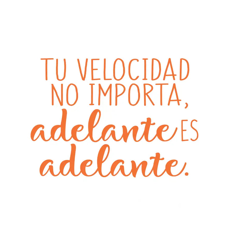 Orange handwritten-style wall decal on white background with inspiring Spanish text adelante es adelante forward is forward