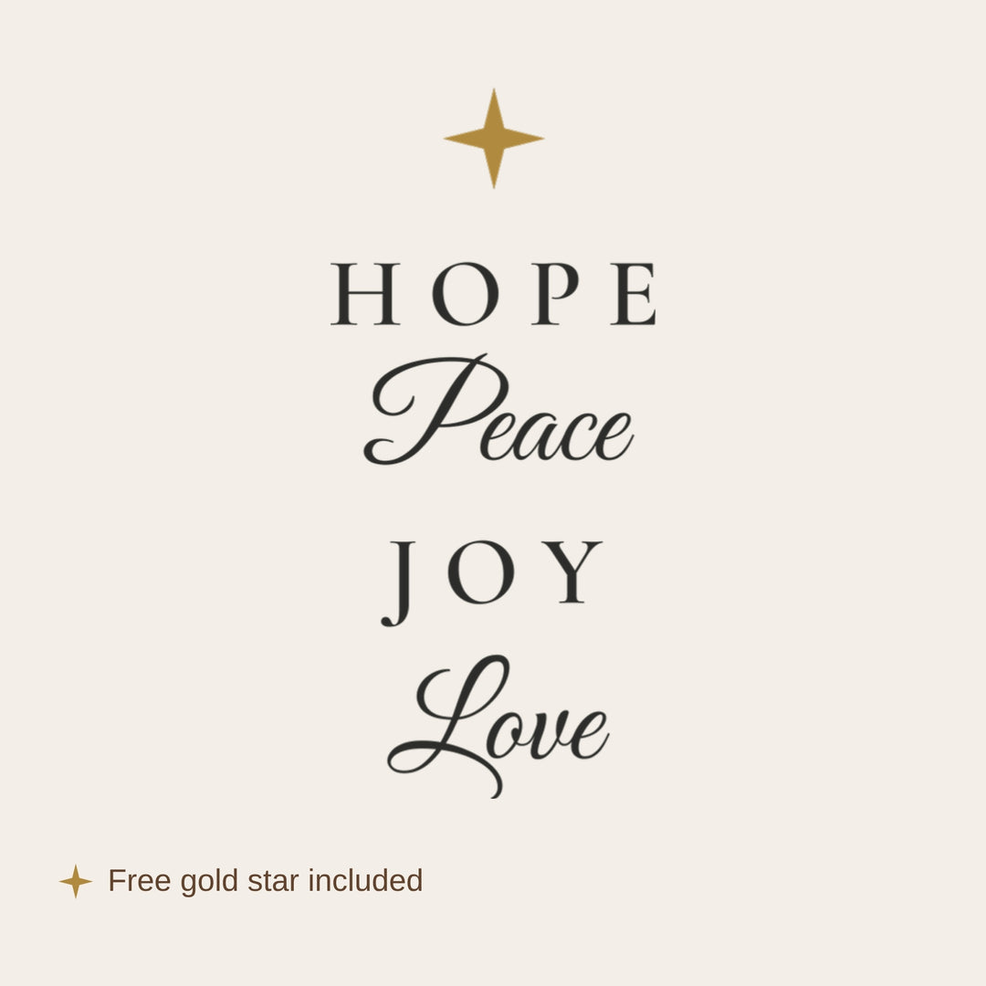 Stacked Hope Peace Joy Love Advent wall decal set with the free gold star included with every set