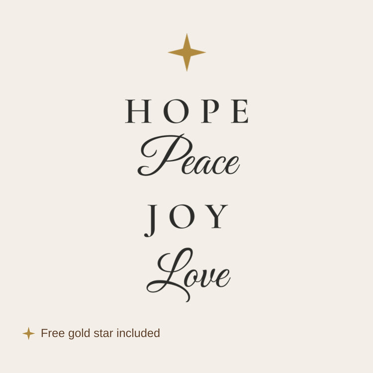 Stacked Hope Peace Joy Love Advent wall decal set with the free gold star included with every set