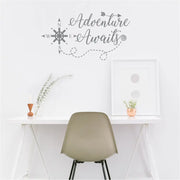Adventure Awaits Wall Decal Sticker - Easy to install wall decal that reads: Adventure Awaits in a whimsical font with arrows and compass. Looks great over a study area or desk. By TheSimpleStencil.com