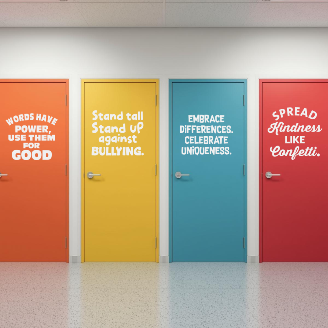 Four colorful office or school doors featuring white kindness and anti-bullying quote decals including Spread Kindness Like Confetti.