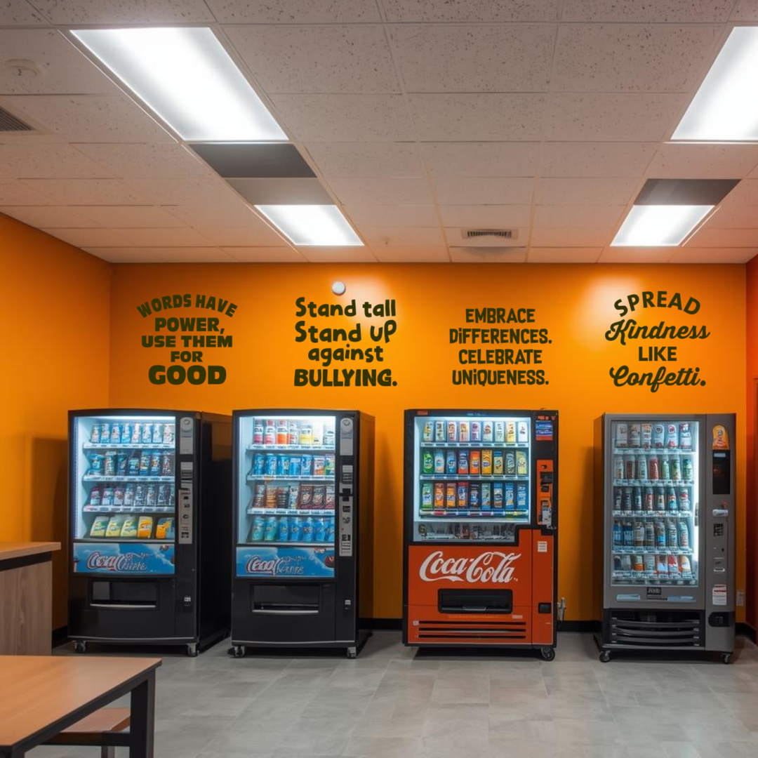 Black wall decals with positive affirmations installed above vending machines in a school cafeteria or office breakroom to prevent bullying.