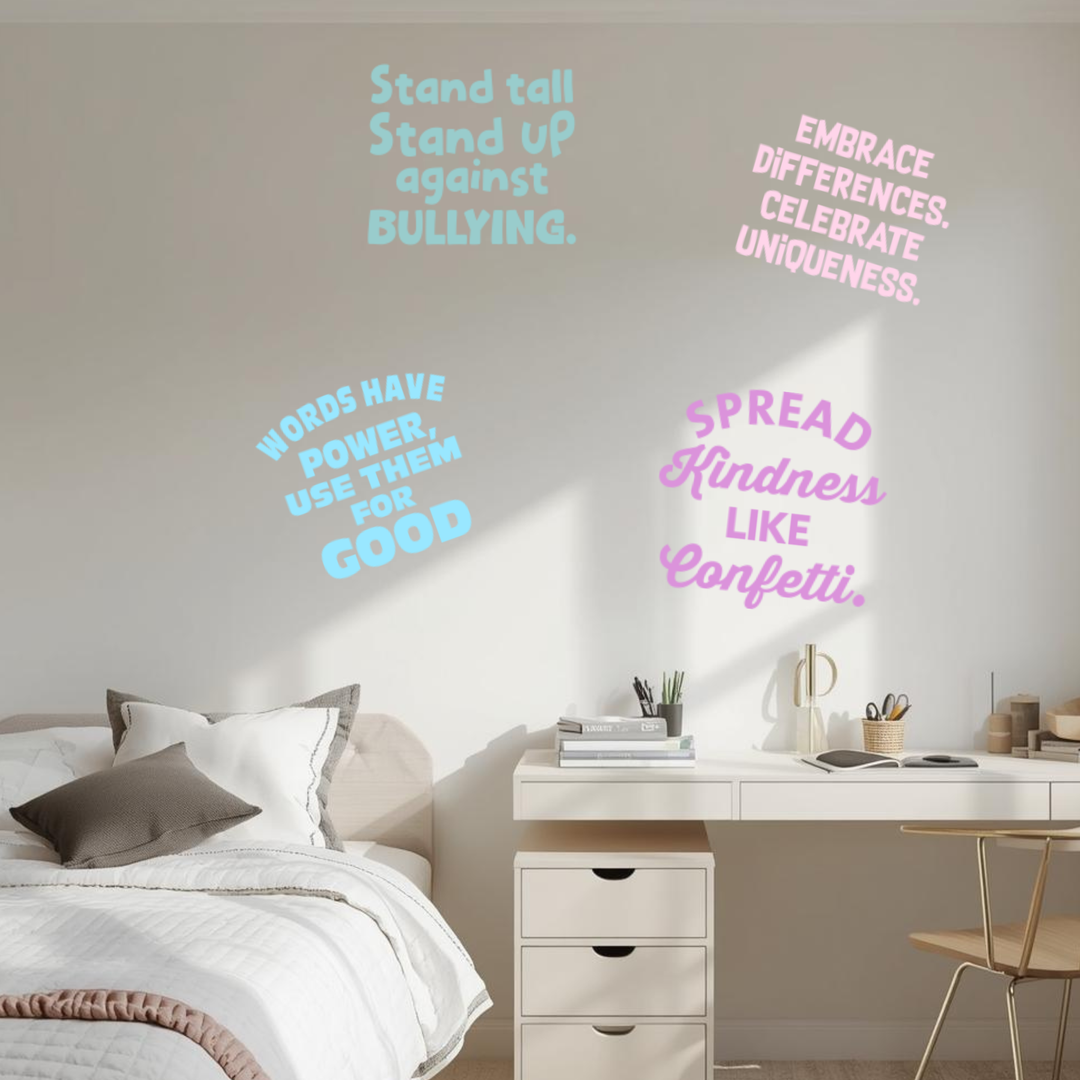 Pastel blue and lavender inspirational quote decals for a teen girl's bedroom wall decor above a white desk and bed.