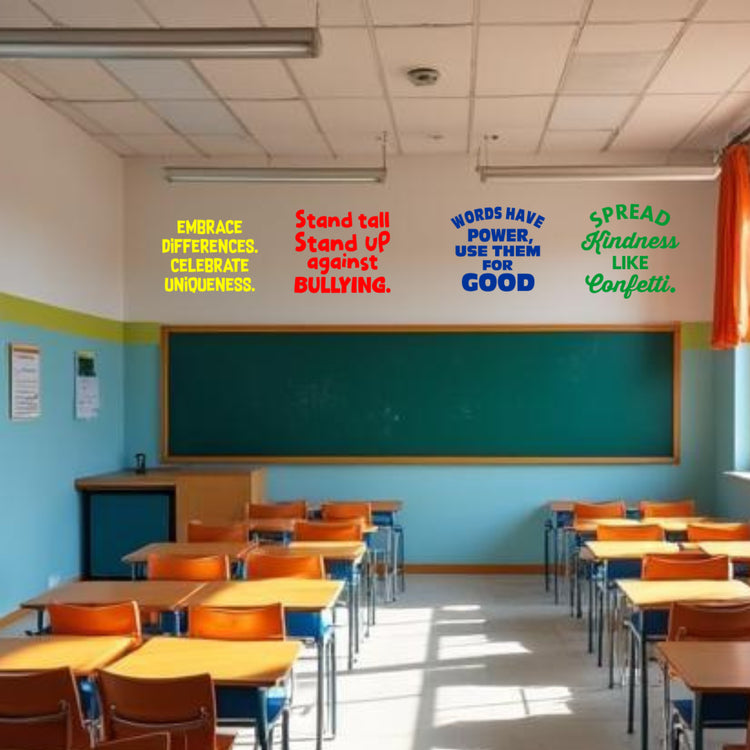Primary colored vinyl wall quotes for classrooms displayed above a chalkboard to encourage kindness and bullying awareness in schools.