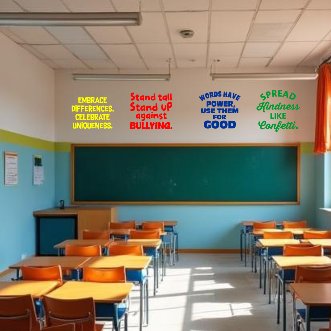 Primary colored vinyl wall quotes for classrooms displayed above a chalkboard to encourage kindness and bullying awareness in schools.