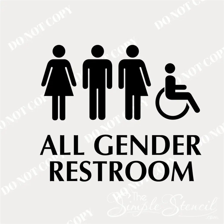 Close-up of a black all-gender restroom decal applied to a red restroom door. The decal features universally recognized symbols for men, women, transgender individuals, and accessible restrooms, alongside the text "All Gender Restroom" in a bold, white font. (All gender restroom signage, restroom door decal for schools and businesses)