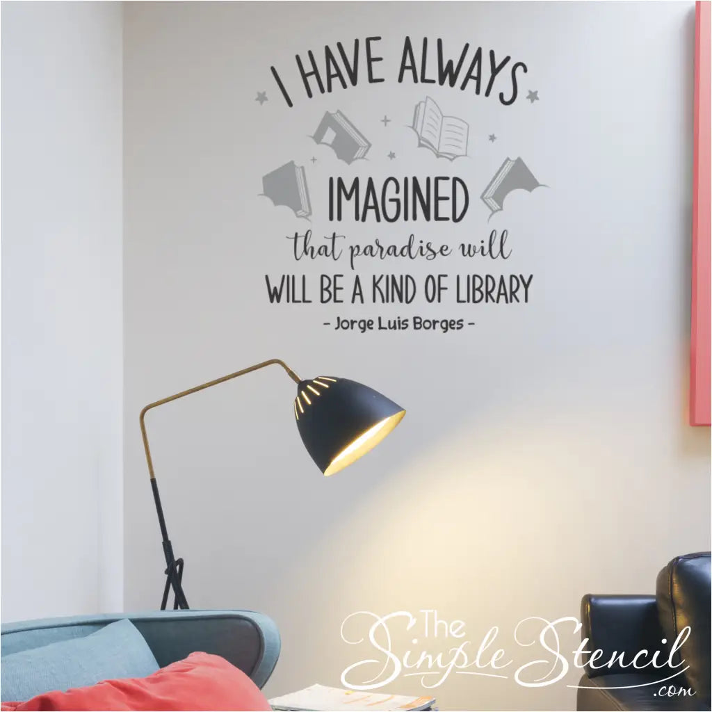 A home reading nook with the Borges quote wall decal and its paradise-themed graphics.