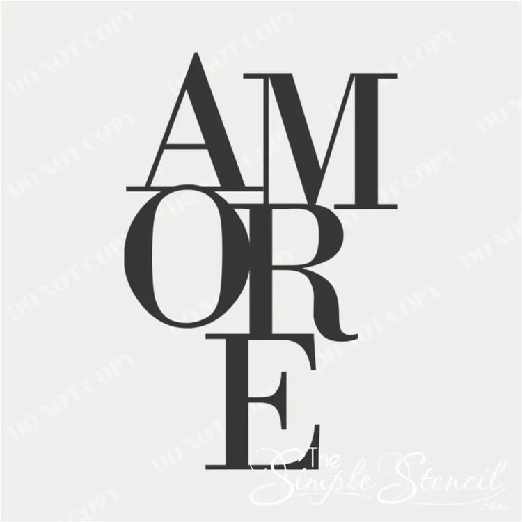 Close-up view of the stylized, stacked serif font design for the 'AMORE' vinyl wall decal shown in dark grey. Elegant typography art for interior walls.