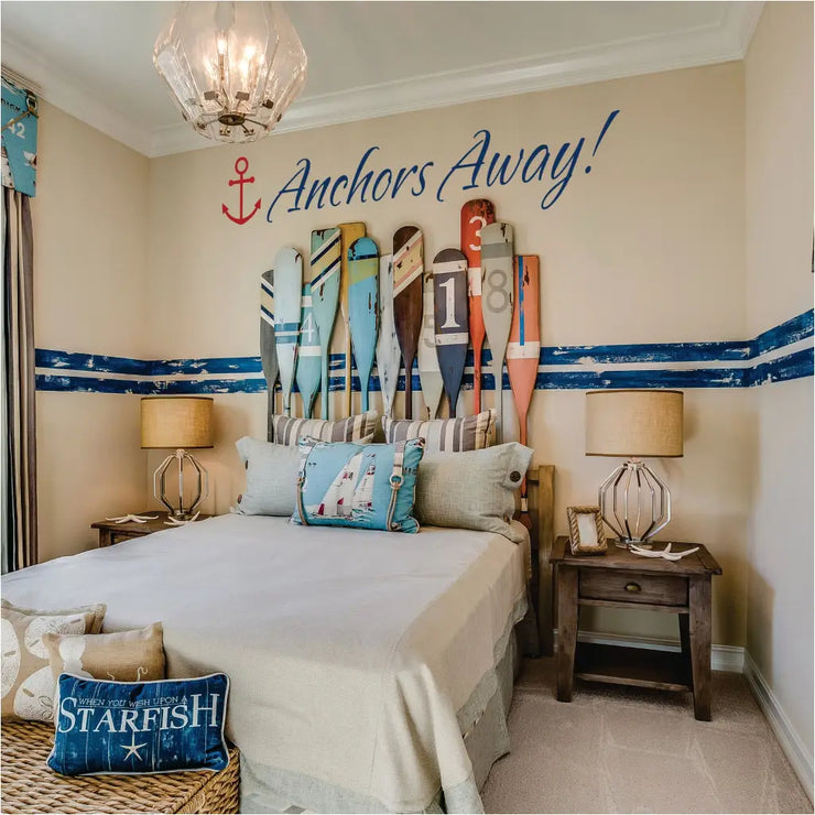 Anchors Away! with an Anchor embellishment wall decal completes the look in this nautical inspired guest room. Over 80 colors available from The Simple Stencil - Beach Decals and Decor